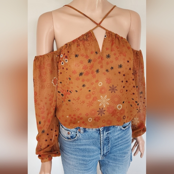 ZARA BROWN FLORAL LIGHTWEIGHT CRISS CROSS OF THE SHOULDER CHIFFON BLOUSE TOP XS - Picture 3 of 11